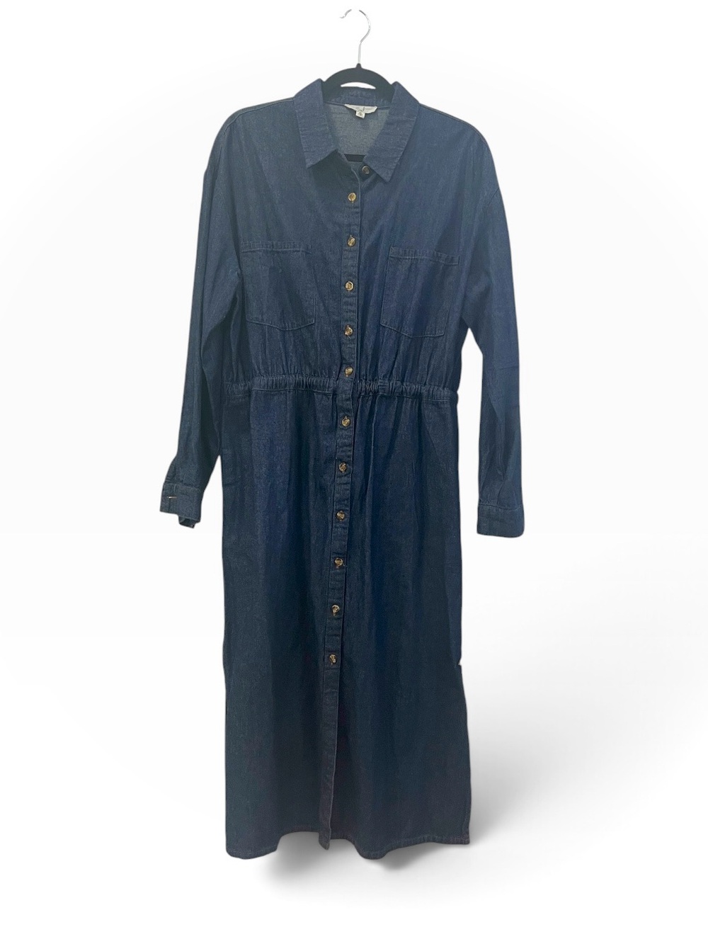 Classic Dark Blue Denim Midi Shirt Dress